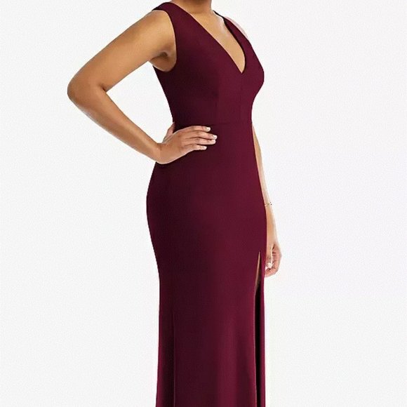 V-Neck Closed Back Crepe Trumpet Gown with Front Slit..TH111...Cabernet..Size 8 - Picture 5 of 7
